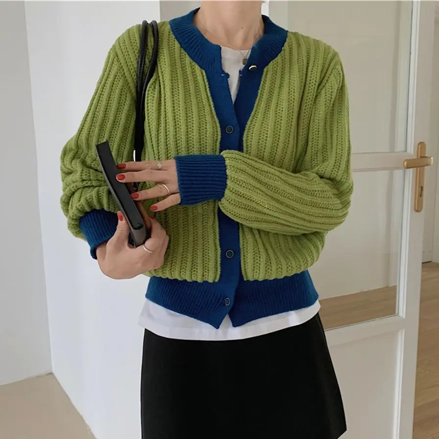 

Alien Kitty 2021 Soft Comfortable Elegant Women Knitwear Coat Patchwork O-Neck Warm Cardigans Sweaters Gentle Office Lady Autumn