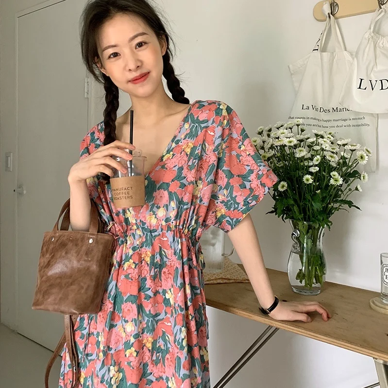 

Women Summer Vintage Print Sashes Casual High Waist Maxi Dress Fashion High Street Sexy Deep V-neck A-line Long Dress Vestidos