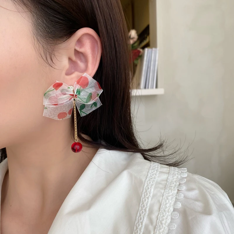 

S925 Needle Trendy Jewelry Bow Earrings Sweet Design Cloth Resin Red Bead Drop Earrings For Girl Fine Accessories Gifts