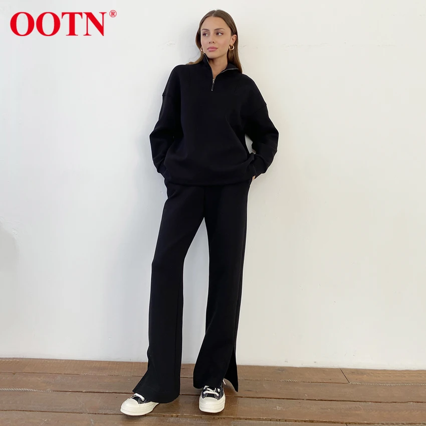 

Комплекты свитеров OOTN, пуловер, стрейчевый Трикотажный костюм на молнии с воротником-стойкой, женские повседневные Прямые брюки с высокой т...