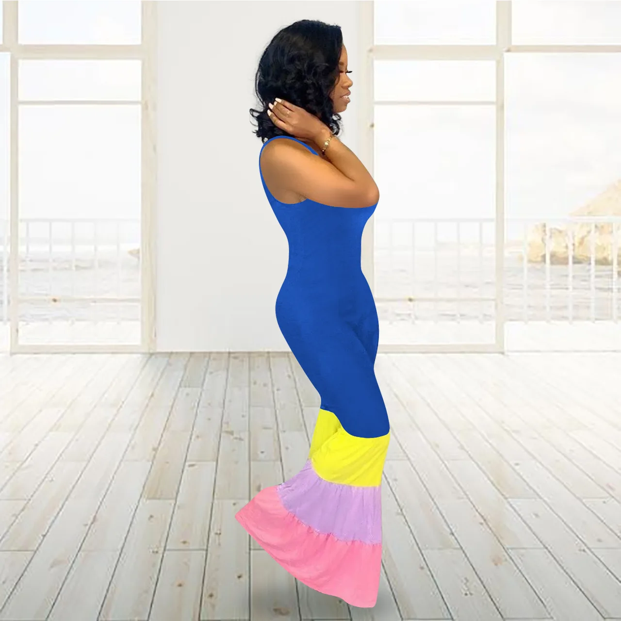 Летний женский цветной блок полосатый лоскутный сексуальный расклешенный