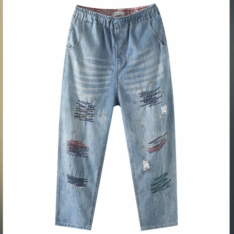 Женские рваные джинсы в винтажном ретро-стиле тонкие брюки до щиколотки с