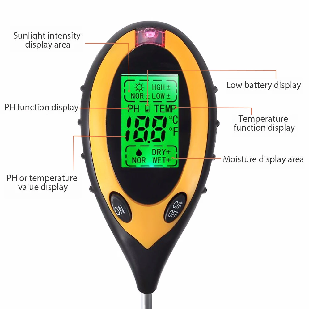 

4 in 1 Soil Ph Meter Soil Tester PH Moisture Meter Temperature Sunlight Intensity Measurement Analysis Acidity Alkali 40% Off