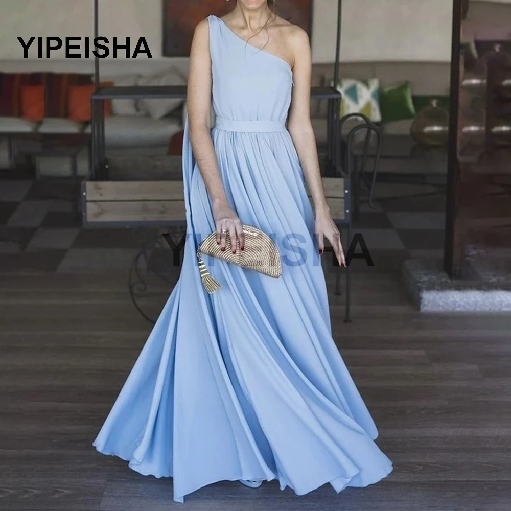 

2021 New Simple One-Shoulder Hellenistic A-Line Evening Dress Floor Length Sweep Train Prom Party Gown robe de soirée de mariage