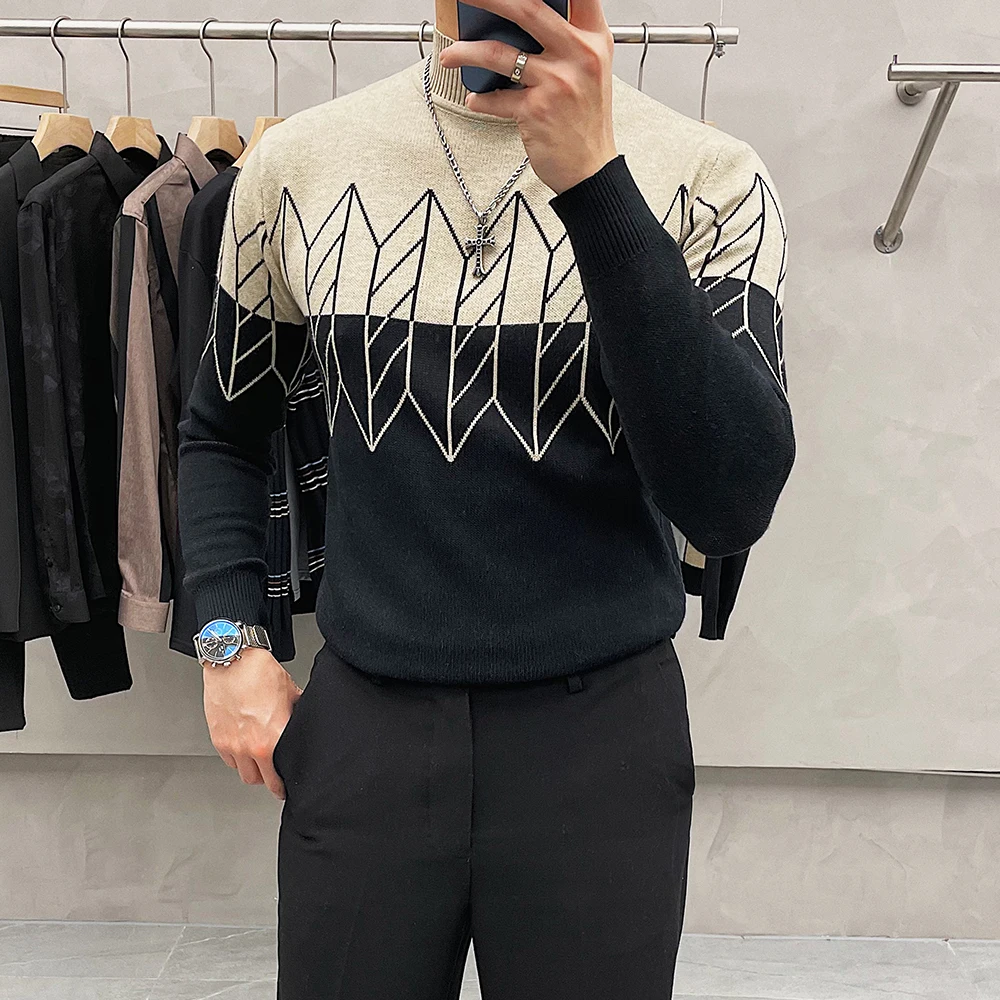 

Elegant Vintage Turtleneck Knitted Sweater Trendy Stylish Desinger Jumper For Mens Pullover Korean Fashion Clothing Winter