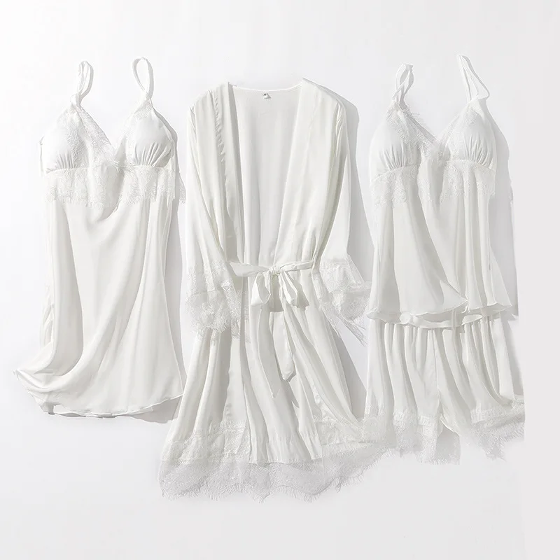 

Soft Satin Bathrobe Intimate Lingerie Sexy Lace Kimono Gown 5PCS Sleep Suit Pajamas For Women Casual Home Clothes Nightwear
