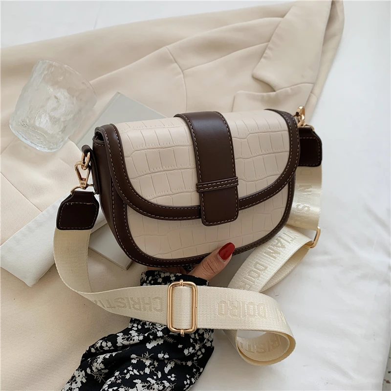 

Vintage Stone-Embellished Wide Strap Saddle Crossbody Shoulder Bags For Women Designer Half Moon PU Leather Purse For Phone 2021