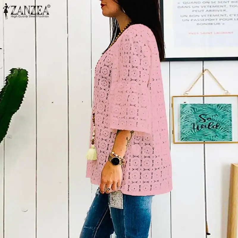 ZANZEA Bohemain кружевные топы женская летняя блузка Сексуальная v-образный вырез полые Blusas Женский Повседневный стиль, расклешенный рукав рубашки плюс размер туника