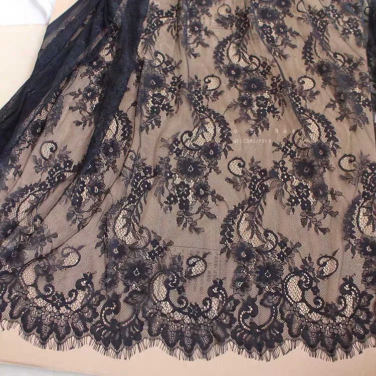 

3 yards black eyelas lace fabric retro wedding lace fabric with double scalloped edges