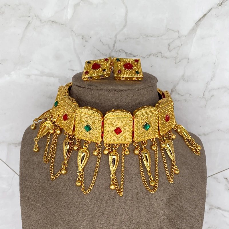 Ethiopian Chokers 24k Saudi Arabia Dubai Jewelry sets for Women Habesha Necklace Earrings Rope African Wedding Eritrean Gift Et