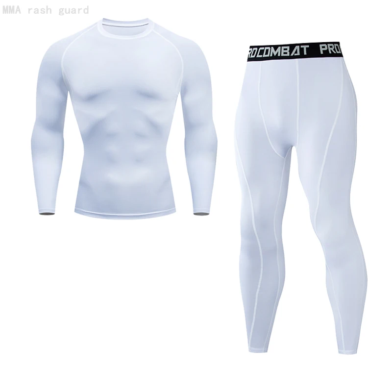 

New White Fitness Clothing Men's Running Top + Compression Leggings Sweat Summer Gym Workout Underwear tights 2-pc/set Tracksuit