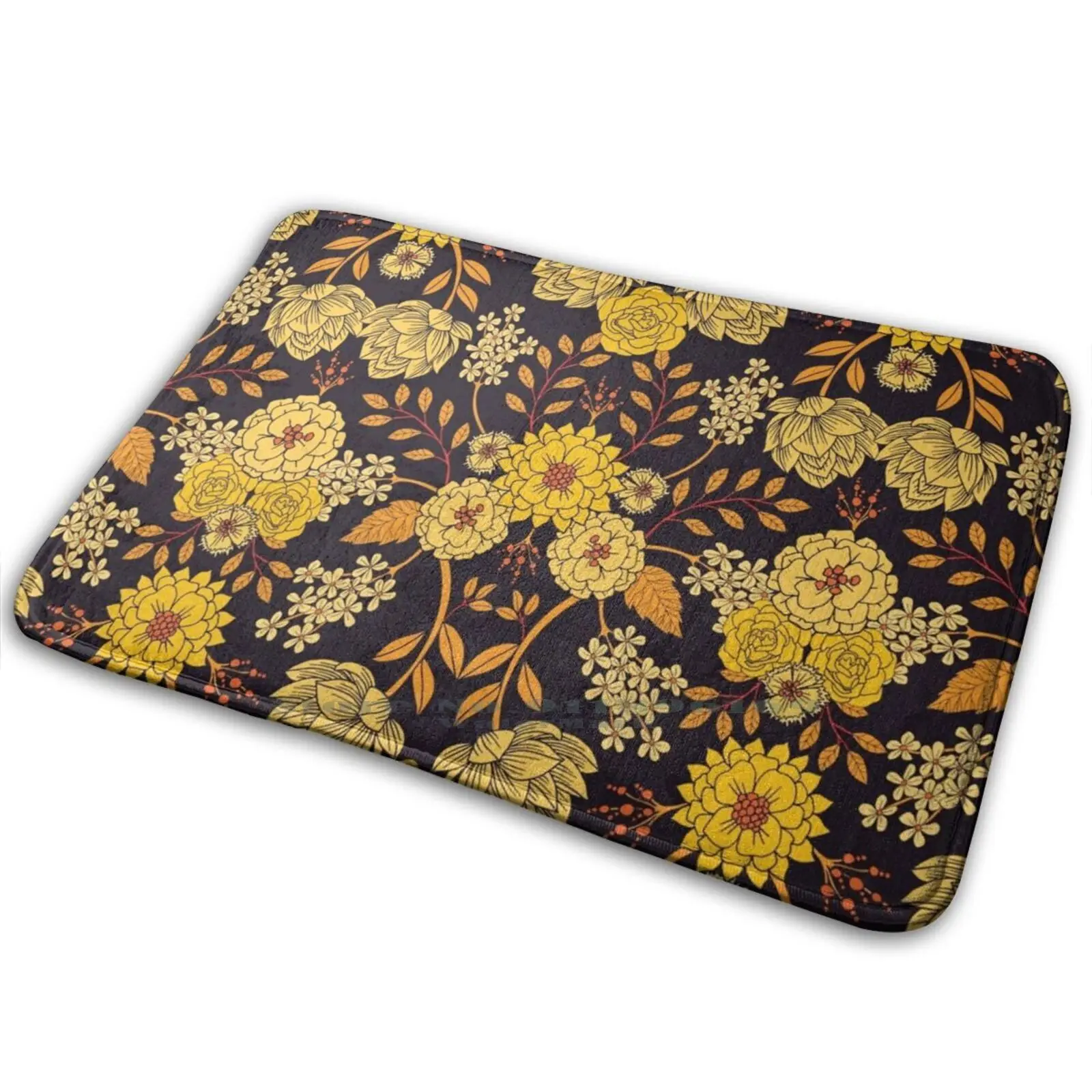 Коврик с желтым оранжевым и темно-синим цветочным узором Противоскользящий