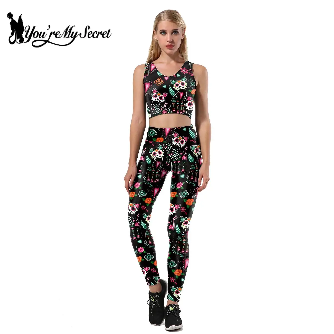 

[You're My Secret] Cartoon Digital Printed Two Piece Set Fitness Push Up Leggings Suits and Sexy Tight Crop Top For Women Summer