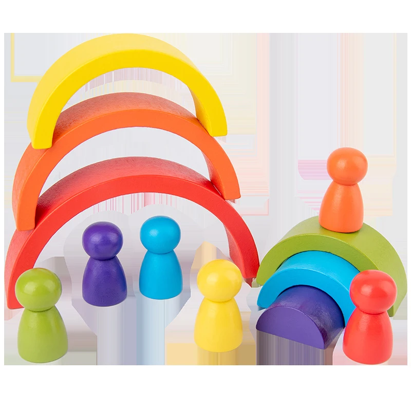 12pcs baby wooden rainbow friends peg dolls toy montessori arch pretend play people figures for kids wooden toys gifts game free global shipping