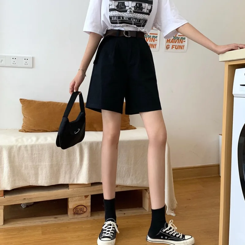 

Women Cargo Shorts BF High Waist Sashes Knee-length Trousers Female Wide-leg Straight Baggy Leisure Summer Slim Stylish Outwear