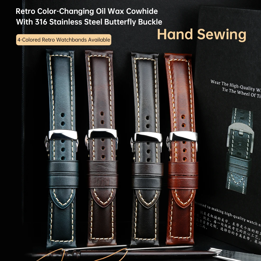 MAIKES Oil Wax Cowhide Leather Watch Strap Retro Genuine Leather Watchband Bracelet Belt 22mm Women Men Brown Smart Watch Band