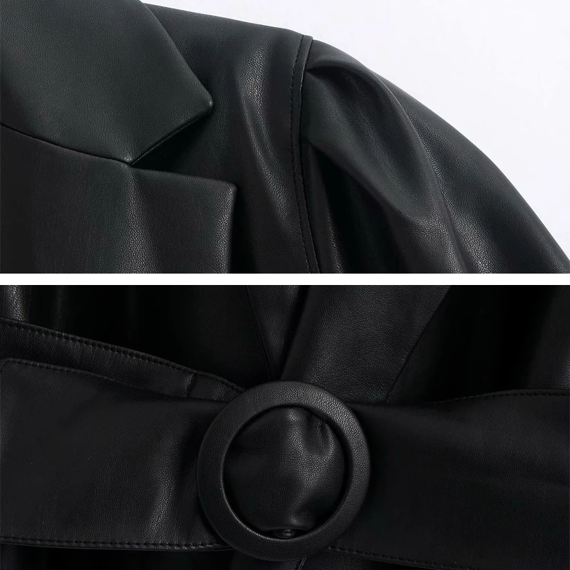 

2020 Spring Women Pu Leather jacket Black Puff sleeve Loose Female Fuax leather coat Chic With belt Outwear Autumn YNZZU 9O149