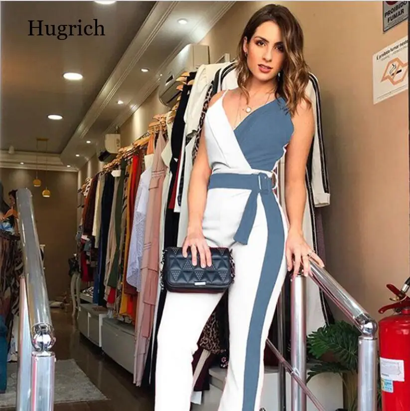 

Color Block Spaghetti Strap Jumpsuits Elegant Rompers Women Jumpsuit Striped Pants Office Ladies Bodysuits V Neck Belted Trouser