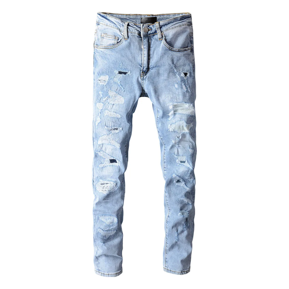 

New 2021 Male Fashion Brand High Street Ripped Feet Jeans Men's Knee Folds Light Blue Slim Stretch Patch Beggar Denim Pnats 680