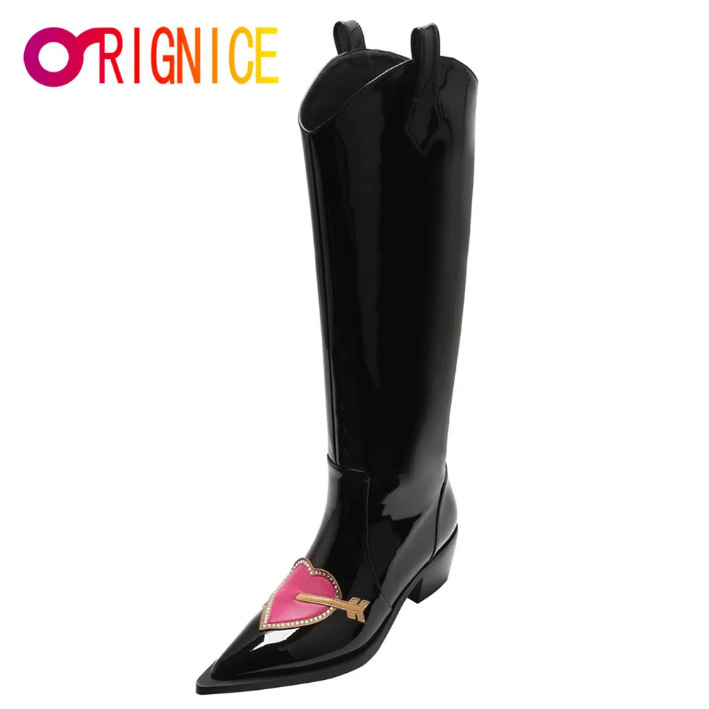 

Orignice Pattern Leather Love Heart Western Knee High Boots Women Anti Water Pointed Toe Chunky Heel Slip On Party Prom Shoes