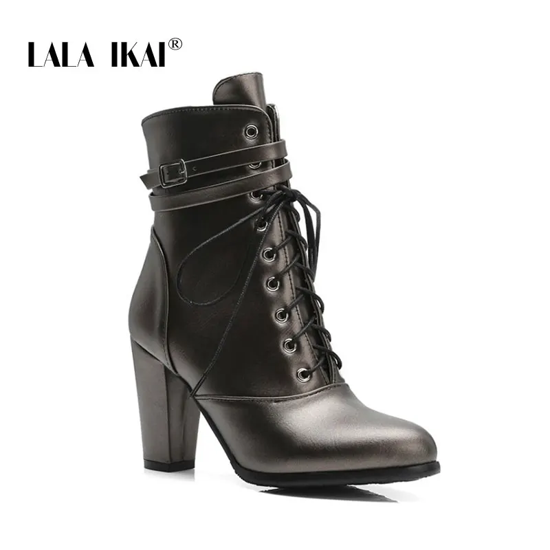 gun color LALA IKAI/женские зимние ботильоны; повседневные полусапожки из искусственной кожи с перекрестной шнуровкой; женская пикантная обувь на высоком каблуке на молнии и шнуровке; XWC5395-4 - Цвет: gun color