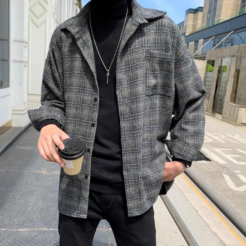 

Men's Shirt 2020 Spring and Summer New Handsome Loose Wool Plaid Couple Long Sleeve Shirt Youth Personality Fashion Men's Wear