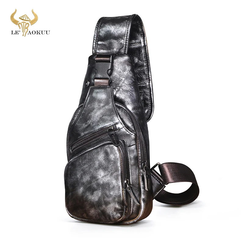 

New Hot Sale Soft Real Leather Triangle Crossbody Sling Chest Bag For Men Female Design Travel One Shoulder Bag Daypack 8015