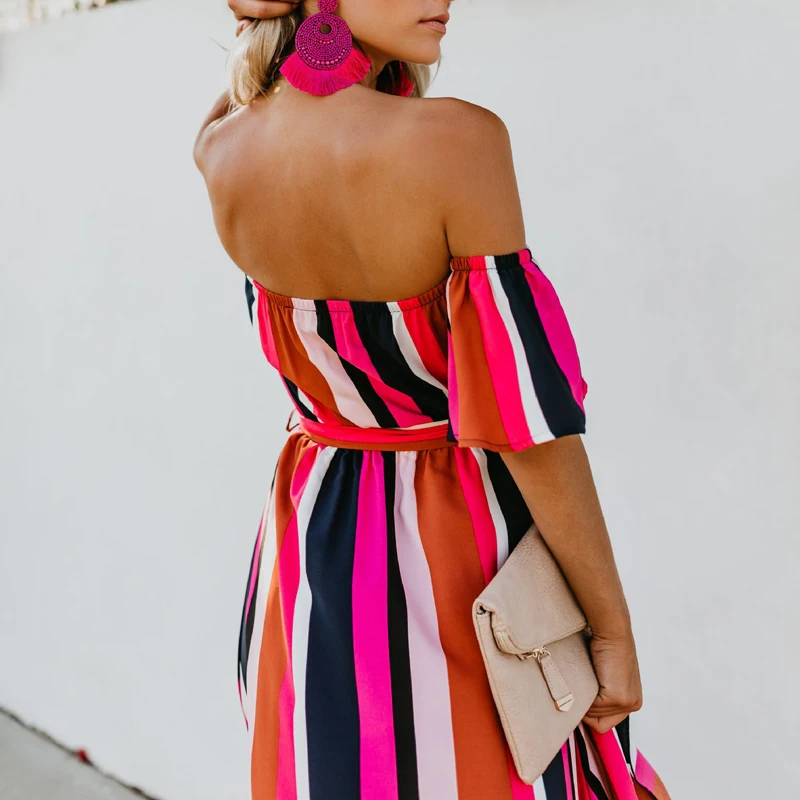 ZOGAA Off Shoulder Ruffle Striped Summer Dress Casual Front Fork Beach Women Maxi Backless Wrap Long Vestidos 2019 | Женская одежда