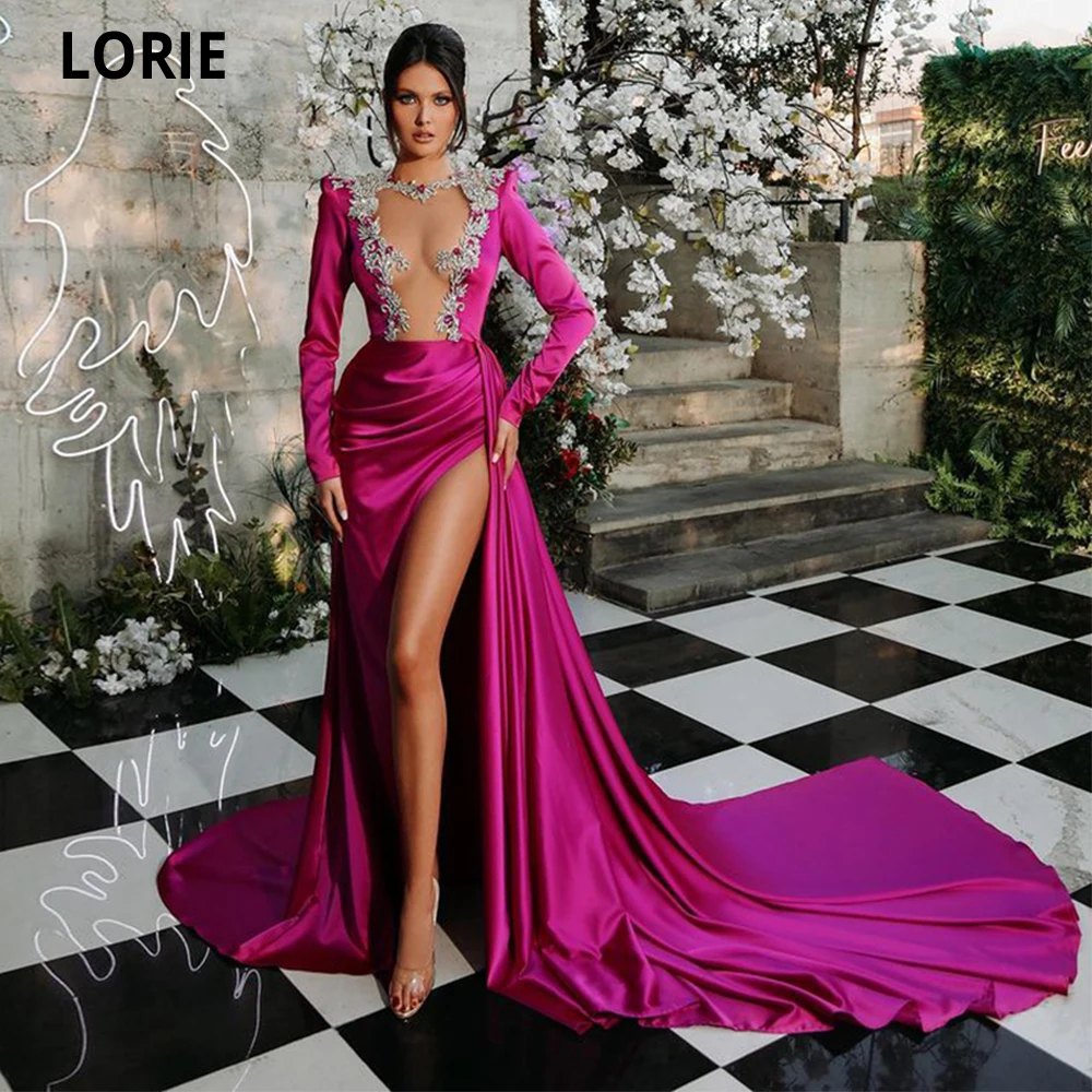 

LORIE Modern 2022 Hot Pink Long Mermaid Prom Dresses Shiny Crystals Long Sleeves Satin Evening Prom Gowns Formal Party Dress