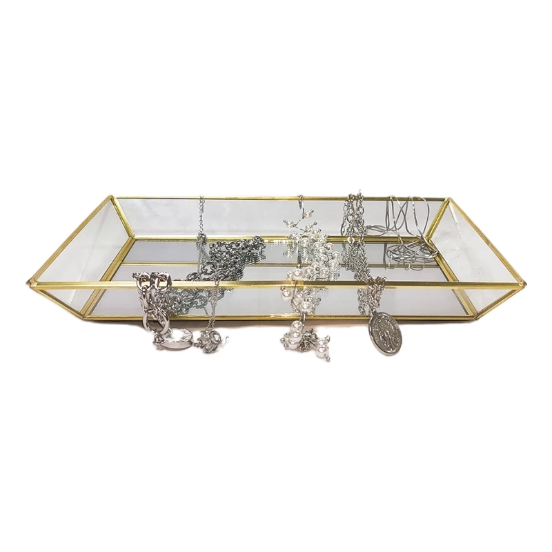 

X7AF Rectangle Gold Mirror Jewelry Organizer Tray Glass Metal Makeup for Bathroom