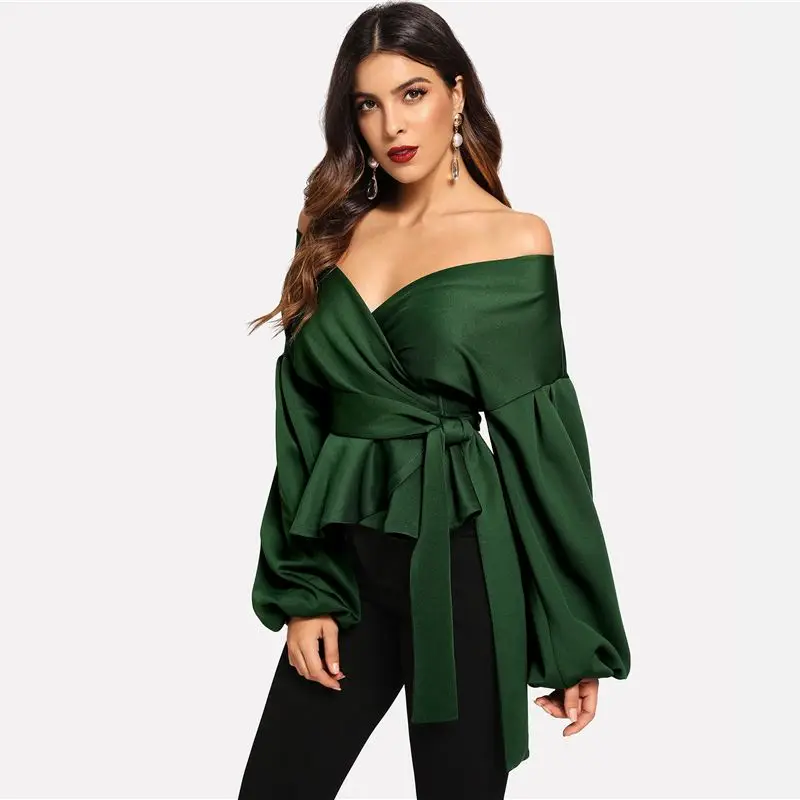 

White Office Lady Elegant Shirts Long Lantern Sleeve Surplice Off Shoulder Blouse Autumn Sexy Women Tops Wrap Belt Tie Blouses