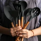 Силиконовые кухонные инструменты, наборы для приготовления пищи, ложка для супа, лопатка с антипригарным покрытием и деревянной ручкой, специальная термостойкая конструкция