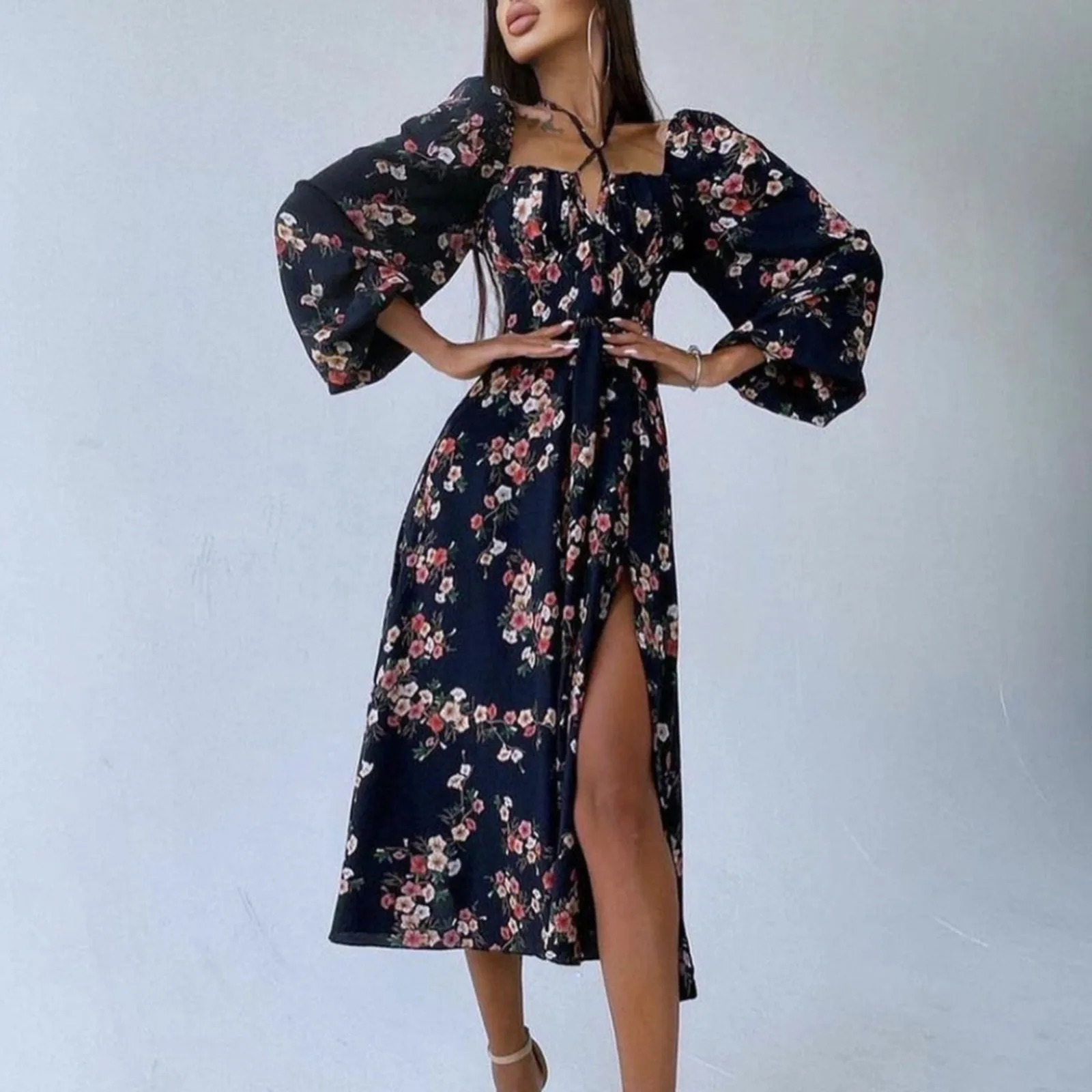 Женское зимнее платье с цветочным принтом Бандажное пляжное на пуговицах