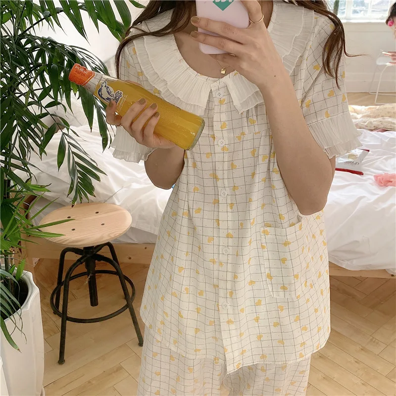 Cotton Pajamas Women 2021 Summer Sweet Lovely Cardigan Plaid Love Printing Cardigan Short Sleeve Pants Home Suit Sleepwear