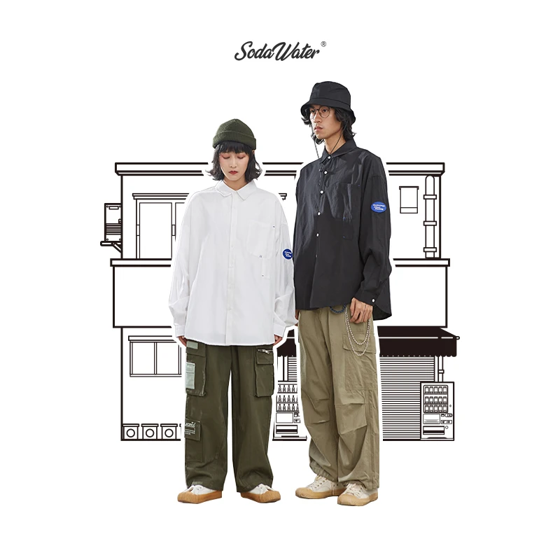 SODAWATER Men Vintage Shirt Japan Style Loose Solid Autumn Streetwear Casual Front Pocket Long Sleeve Tops 92134W | Мужская одежда