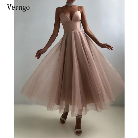 Verng Simple Old Pink/Black A Line Evening Party Dresses Spaghetti Straps Tulle And Satin Empire Tea Length Midi Prom Gowns 2021