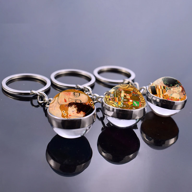 Gustav Klimt The Kiss Art Key Chain Love Pendant Double Side Glass Ball Keychain Keyring Symbolism Painting Gifts for Lover | Украшения и