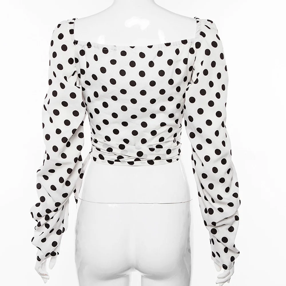

Women Sexy Polka Dot Navel T Shirt Long Sleeve V-neck Lace Up T-shirt 2021 Spring Autumn Fashion Puff Sleeve White T Shirts