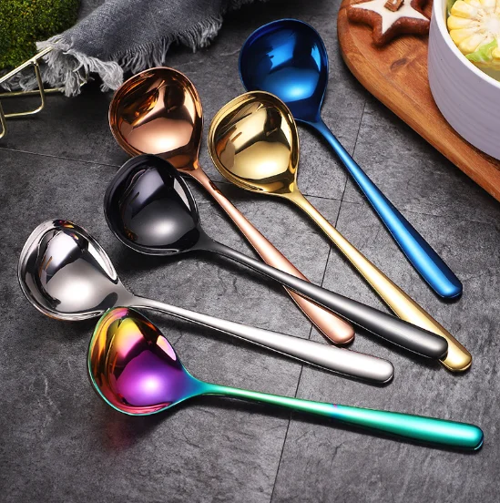 

304 Stainless Steel Spoon Family Soup Spoon Kitchen Cooking Spoon Long Handle Round Spoons for Soup Cooking Mixing Stirr