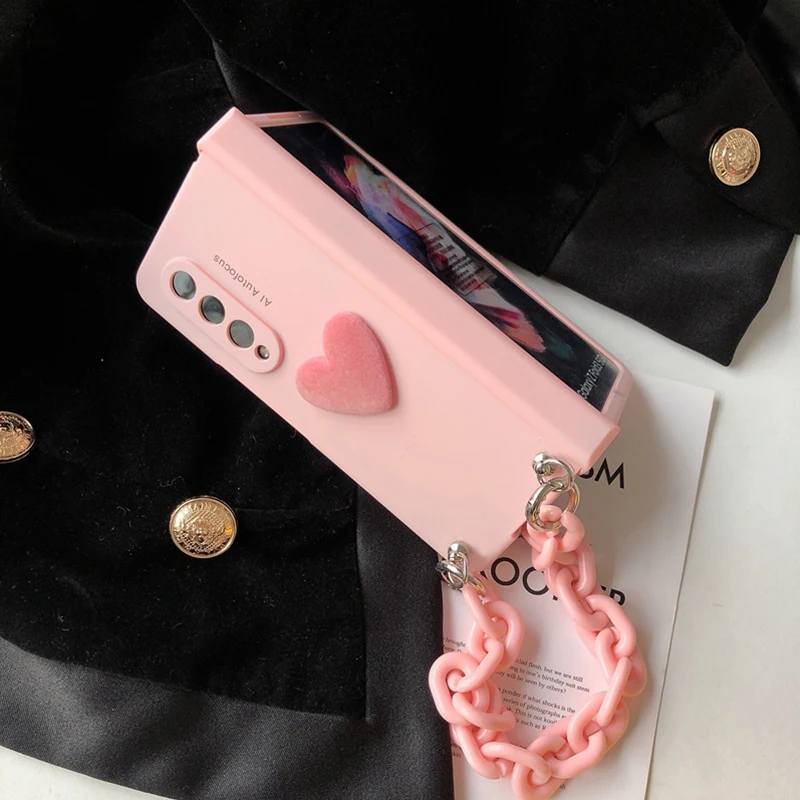 

Thick Bracelet 3D Love Heart Cover For Samsung Galaxy Z Fold 4 3 5G Hinge Protector Full Armor Phone Case Wth Front Screen Film