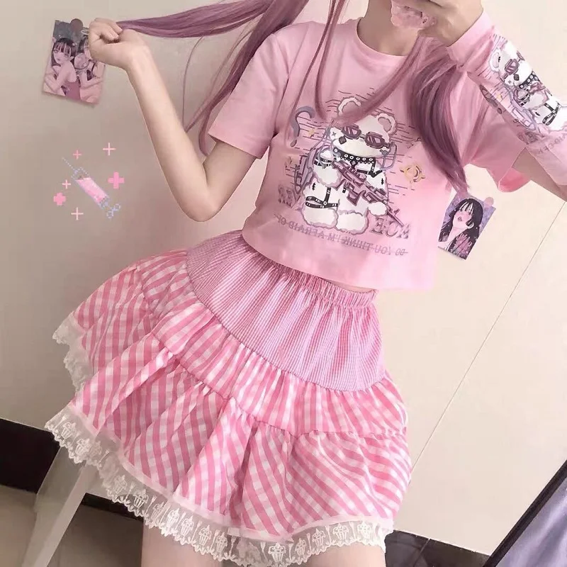 Милая розовая юбка женский Harajuku y2k одежда в Корейском стиле кружевная отделка