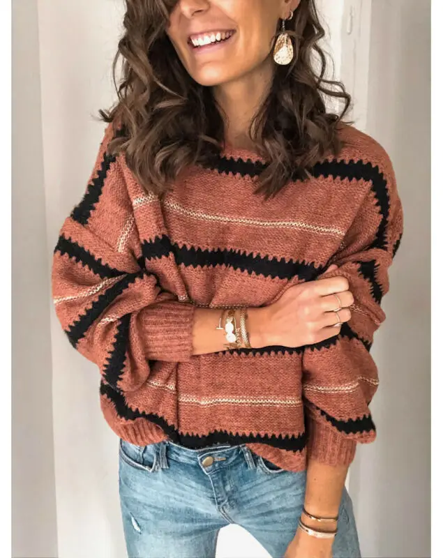 Fashion Women Wrap Autumn V-Neck Striped Tops Knitted Sweater Casual Pullover Jumper Ladies Long Sleeve Loose Shirts Knitwear | Женская