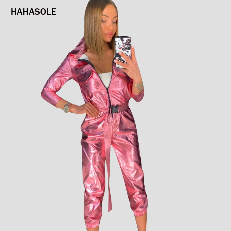 HAHASOLE Yoga Boysuit модный спортивный комплект для отдыха из искусственной кожи для женщин на молнии Кружевной Комбинезон спортивный комбинезон для спортзала одежда HWA4597-2