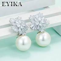 eyika new elegant snowflake flower zircon big white black pearl drop earrings for women christmas valentines day gift jewelry