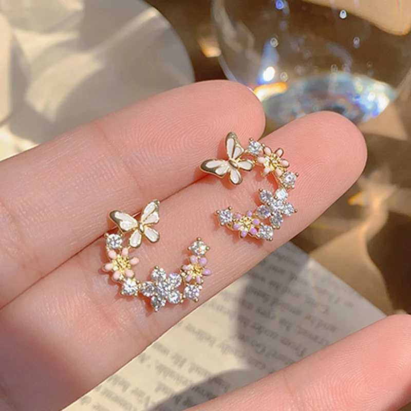 

Trendy Design 14K Real Gold Butterfly Crystal Earrings for Women Temperament Jewelry S925 Silver Needle Shiny AAA Zircon Gift