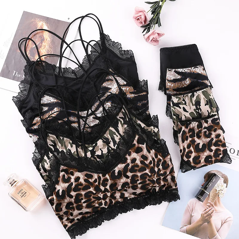 

Sanderala Sexy Women Lace Bra Set One-pieces Brief Thong Underwear Brassiere Lingerie Sets Padded with Panties Seamless Leopard