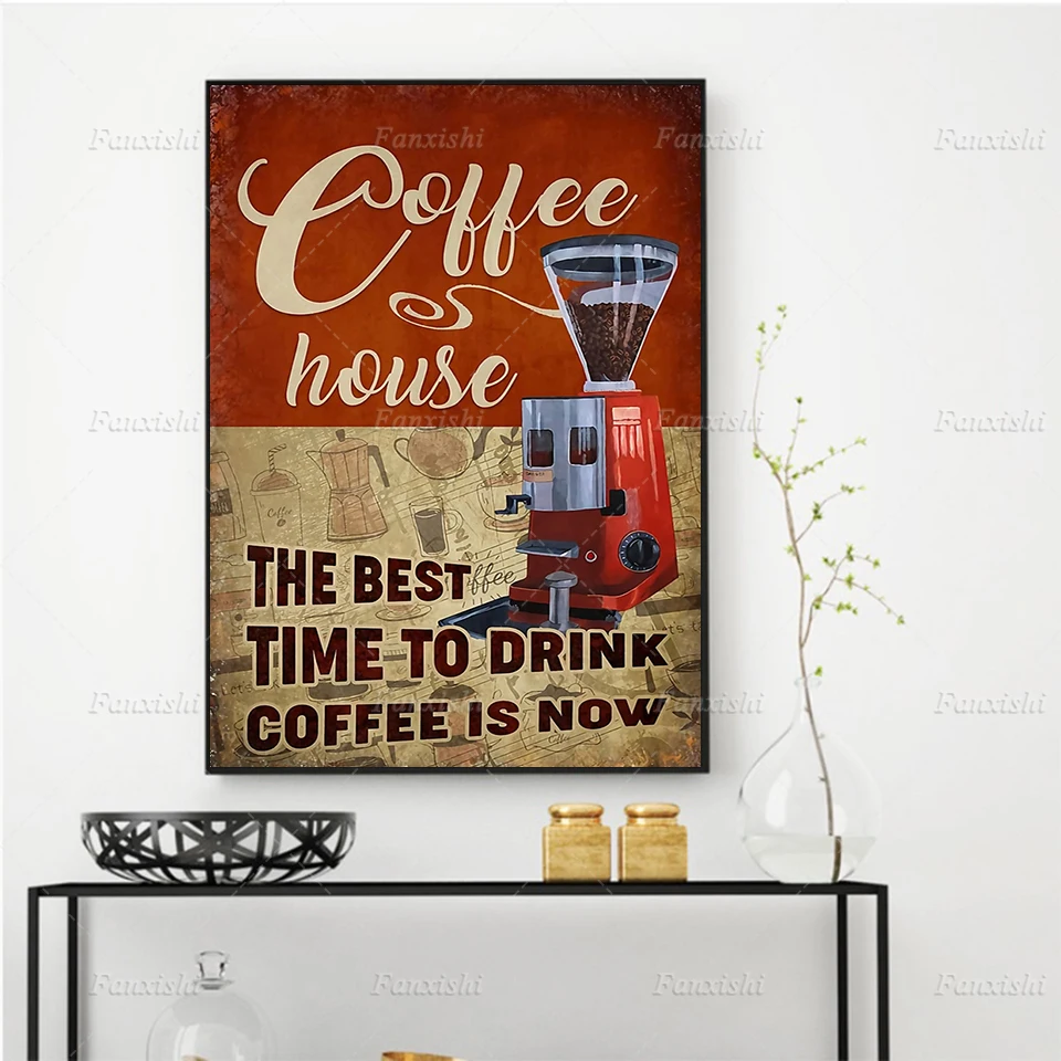 

Coffee House The Best Time To Drink Coffee Is Now Retro Painting Posters and Prints Wall Art Canvas Modular Pictures Home Decor