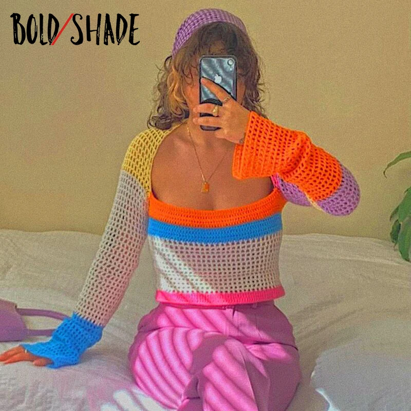 

Bold Shade Soft Girl Stye Outfits Jumpers Colorblocking Square Collar Sexy Indie Pullover Sweaters Women Street Trend Knit Tops