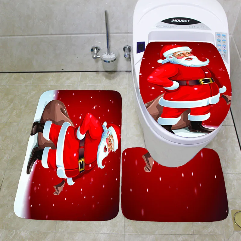 

3Pcs/set Bathroom Flannel Anti-Slip Mat Set Bath Mat Carpet Bathroom Toliet Rug Washable Merry Christmas Bathroom Accessories