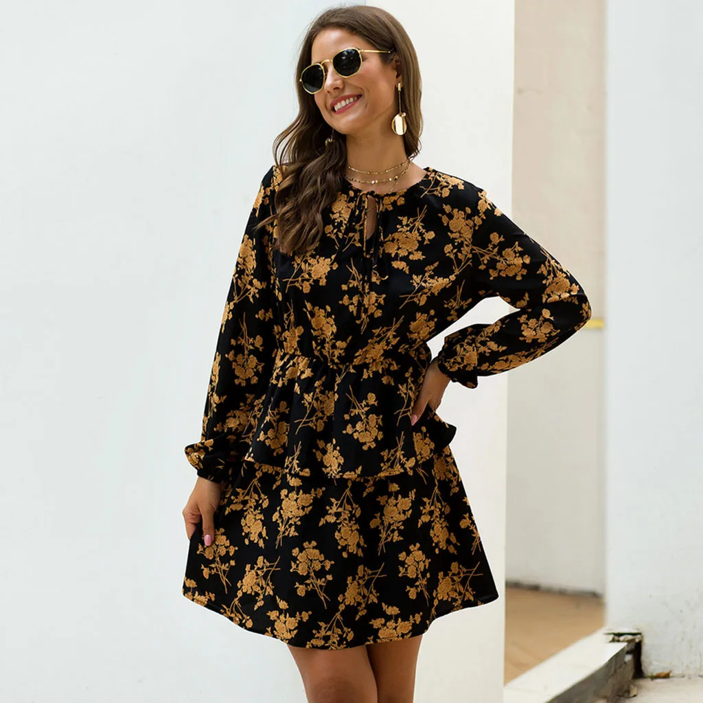 Летнее платье с длинным рукавом принтом высокой талией праздничное Повседневное